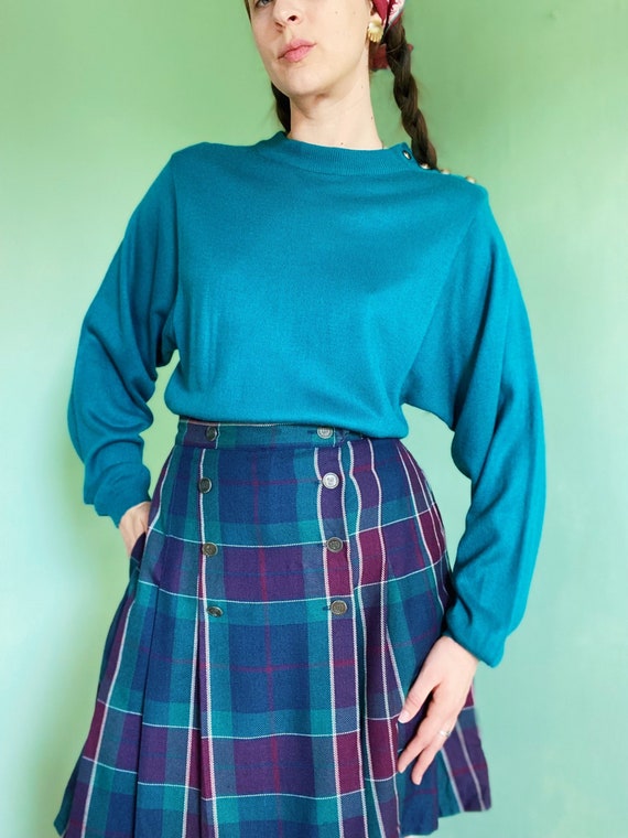 eighties deep teal button shoulder sweater