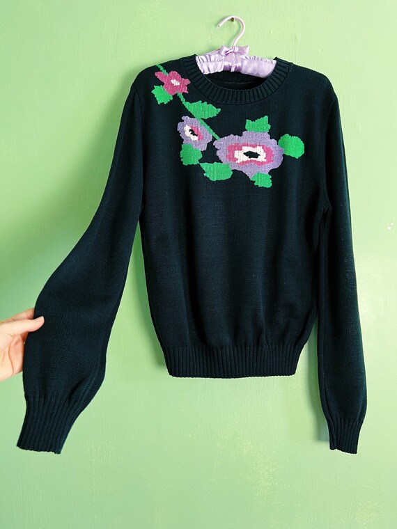 70s - 80s pastel on black poppy flower sweater - image 2