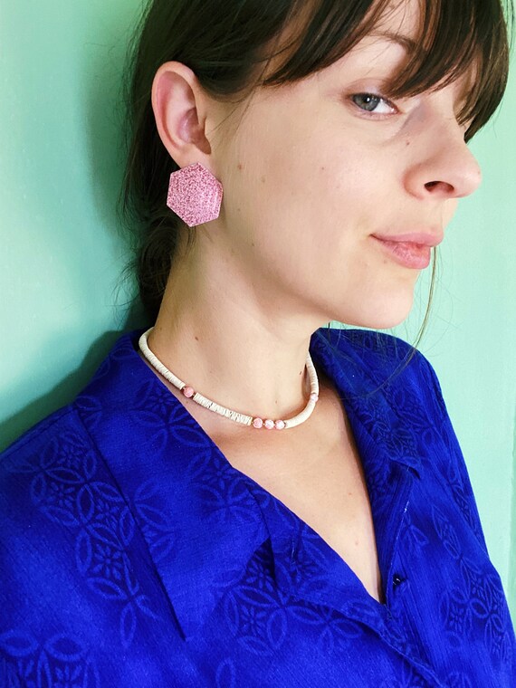 vintage sparkly pink geometric hexagon stud earri… - image 8
