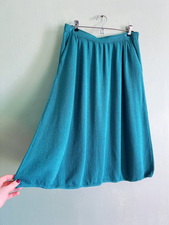 vintage colorful teal blue knit midi skirt with p… - image 2