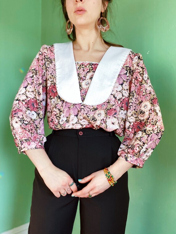 eighties rosy pink floral smocked poet blouse with