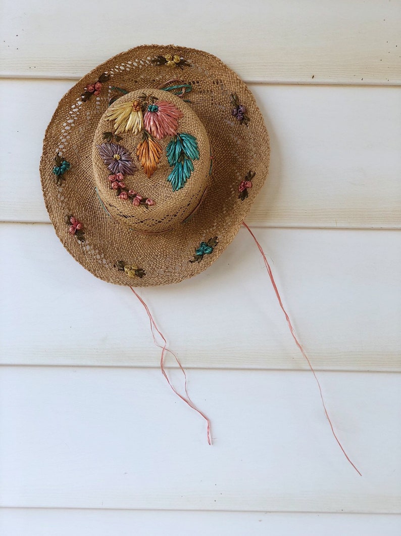vintage rainbow embroidered floral woven straw hat