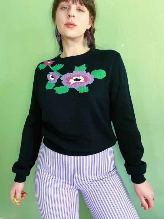 70s - 80s pastel on black poppy flower sweater - image 3