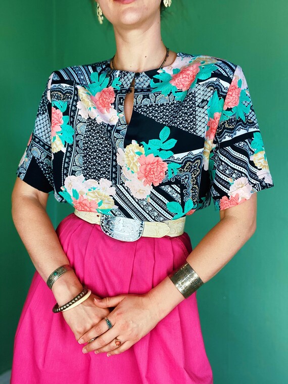80s Colours Floral Garden Print Oversized Handmade Tunic Top English Floral Garden Teal Purple Pink Rose and Paisley Print Tunic
