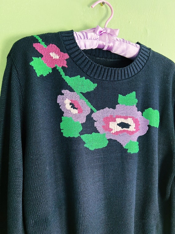 70s - 80s pastel on black poppy flower sweater - image 4