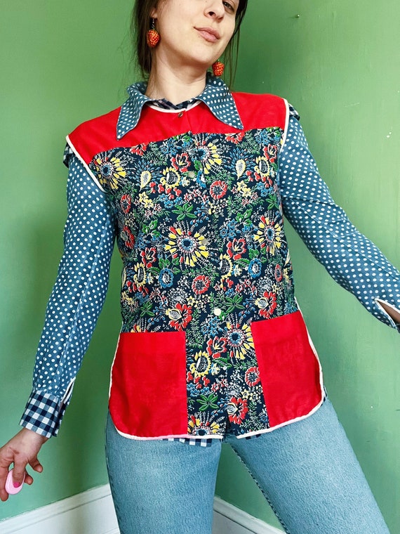 60s - 70s red & rainbow floral ditsy daisy smock /