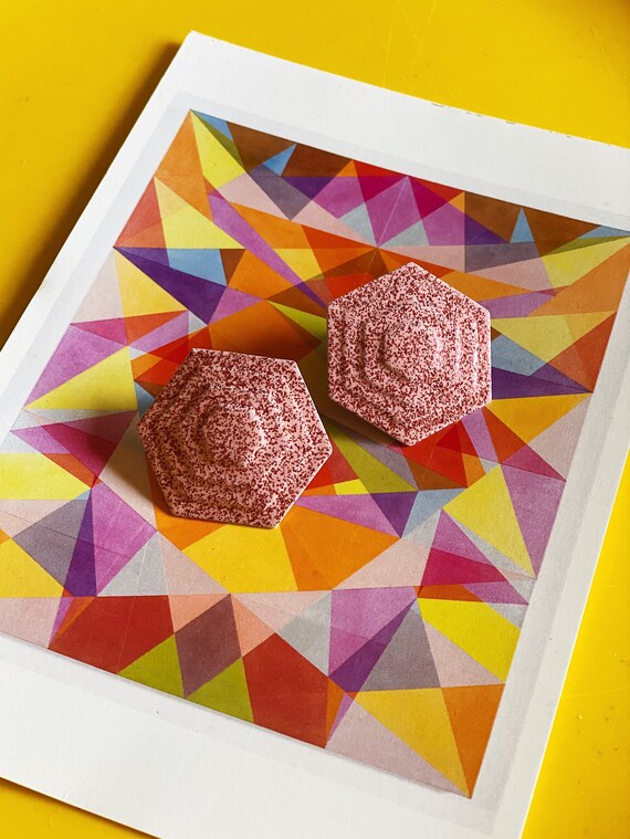 vintage sparkly pink geometric hexagon stud earri… - image 2