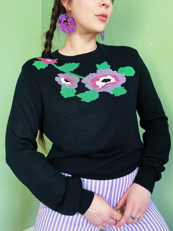 70s - 80s pastel on black poppy flower sweater - image 1