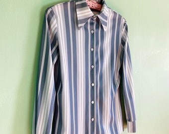 70s grey & white striped button down disco blouse with butterfly collar