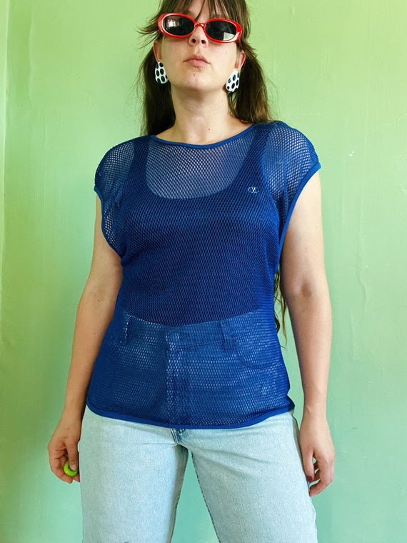 royal blue sporty & sheer jersey mesh tank top