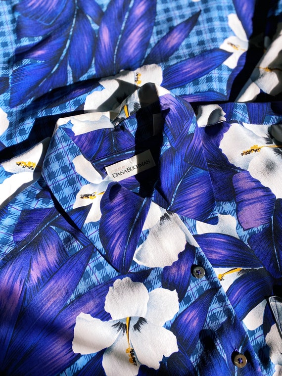 eighties / nineties funky silk plaid floral hawai… - image 4