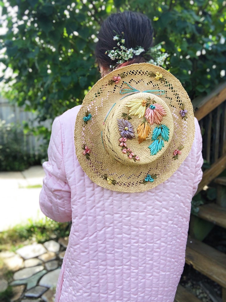 vintage rainbow embroidered floral woven straw hat
