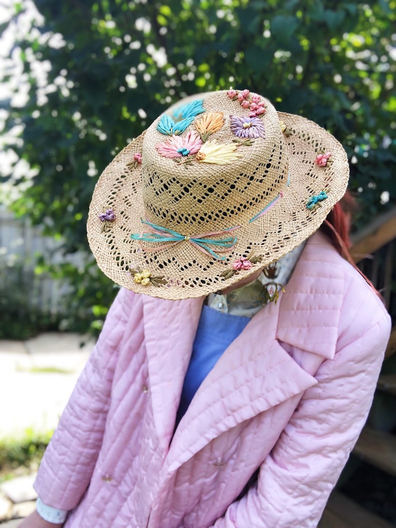 vintage rainbow embroidered floral woven straw hat