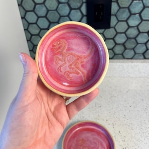 Könnte beinhalten: Eine kleine, runde, rosa Keramikschale mit einem erhabenen Dinosaurierskelett-Design. Die Schale hat einen hellbraunen Rand und eine glänzende Oberfläche. Das Dinosaurierskelett ist ein hellerer Rosaton.