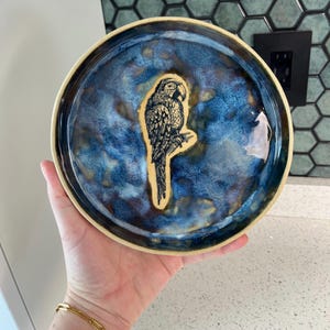 May include: A round ceramic plate with a blue and gold glaze. The plate features a black and white illustration of a parrot. The plate is held in a hand.