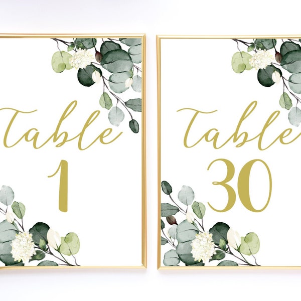 Table Numbers, Numbers 1-30, Wedding Table Numbers, Eucalyptus Table Numbers, Green and Gold Table Numbers, Wedding Tables