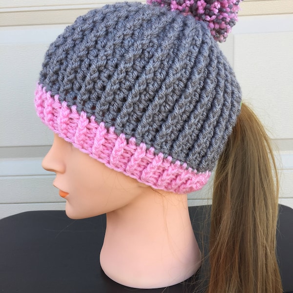 Low back Pom Pony Hat, Pony Tail Hat, Ribbed Hat, Teen/Adult, Hat, Crochet