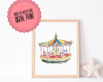 Impresión de acuarela de Merry Go Round para guardería / Póster de fiesta con temática de circo / Arte de sala de juegos para niños de carnaval
