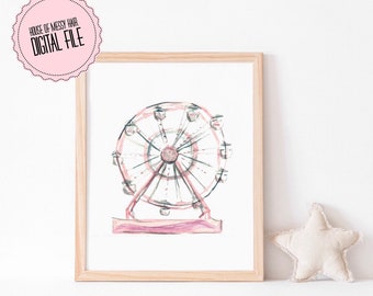 Ferris Wheel Print | Baby Girl Watercolor Nursery Art | Circus Themed Party Print | Carnival Playroom Poster