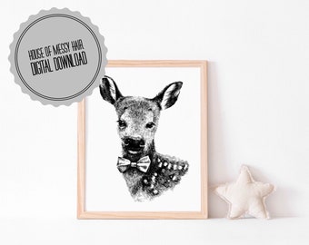 Black and White Sketches for Boy Room| Hipster Animal Print| Instant Download| Deer in Clothes Print|  Woodland Nursery