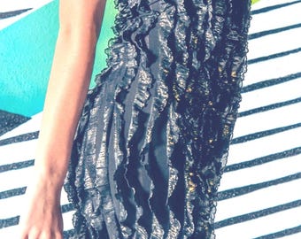 Gunmetal Sheer Knit Strapless Mini Dress: Tiered Ruffle Tube Dress