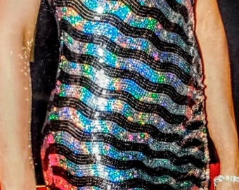 Sequin Mini Dress: One-Shoulder Black & Silver Iridescent Party Dress