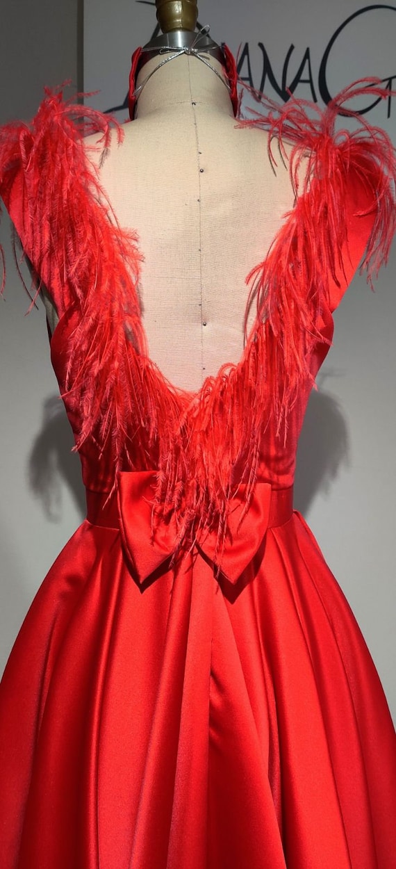 classic red cocktail dress Red Silk Satin Cocktail Dress: Feather Neckline, Bow Back, Vintage Style