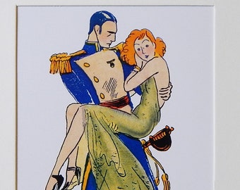 May include: A framed illustration of a man and woman dancing. The man is wearing a blue uniform with gold trim and the woman is wearing a green dress. The illustration is titled "Devil May Care."