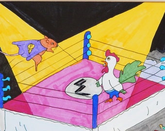 Rooster Rumble Framed & Matted Illustration Print [12x15]