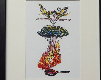 May include: A whimsical illustration of a ballerina with butterfly wings, wearing a blue and green tutu, standing on a fiery orange and yellow flame, with a black frying pan below.