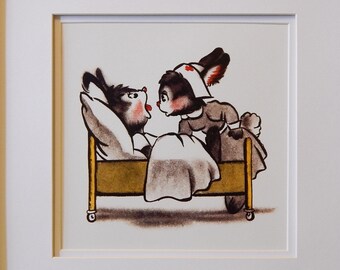 May include: Framed vintage illustration of two cartoon bunnies. One bunny is in a hospital bed, and the other, wearing a nurse's cap, is attending to the patient. The artwork is framed in a black frame with a white mat, set against a green background.