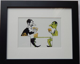 May include: A black and white illustration of two men playing cards at a table. One man is wearing a suit and has a large nose. The other man is wearing a green suit and has a large nose. The illustration is set against a white background.