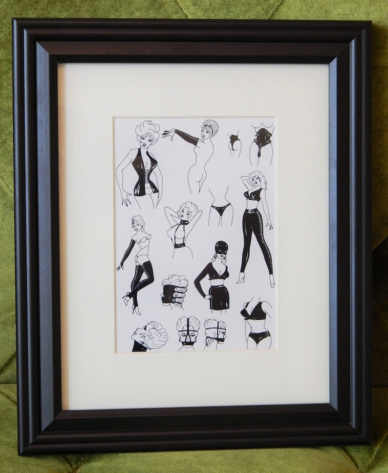 May include: Black and white line drawing illustration of a woman in various poses wearing different leather clothing and accessories. The illustration includes a corset, a mask, and a variety of other garments.