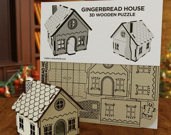 Può includere: Un puzzle 3D in legno a forma di casa di pan di zenzero. La casa assemblata è marrone chiaro con finiture marroni scuro e un tetto bianco. La confezione mostra la casa assemblata e i pezzi del puzzle. Il testo sulla confezione recita "GINGERBREAD HOUSE 3D WOODEN PUZZLE".