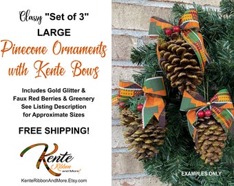 CLASSY Large Set of 3 Pinecone Gold Glittered Ornaments with Kente Bow - See approximate sizes in listing - FREE SHIPPING to lower 48 States