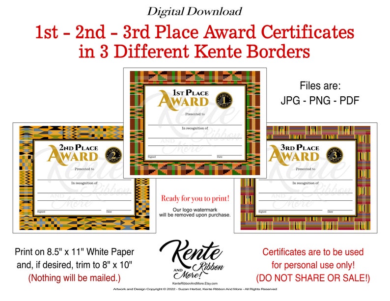 Download Kente Border 1st 2nd 3rd Place Award Certificate Templates Print 8.5x11 Trim to 8x10 if desired PDF JPG PNG image 1