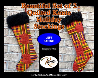 Set of 2 LEFT Facing Beautiful Quilted Kente Christmas Stocking with Soft Black Fur Top - Large 18" long - FREE SHIPPING to Lower 48 States