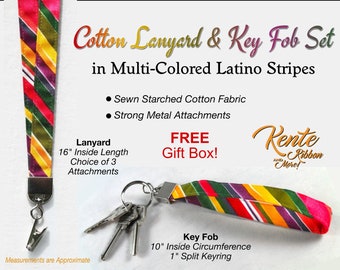 Set of Colorful Latino Stripes Lanyard & Matching Wrist Key Fob - Strong metal attachments - Starched printed cotton fabric - FREE SHIPPING