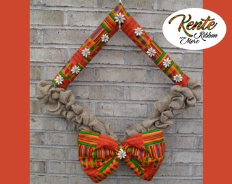 Make it your own XL Dimond Shape Wreath Unique Kente Pillow Bow, Cowrie Flowers, Burlap ready for you to ADD FLOWERS. - 23"x 27"x 5.5"