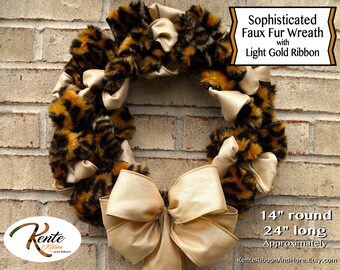 SALE! - Classy Leopard/Cheetah Faux Fur Wreath with Light-Gold Glimmering Bow Size 14"x24" - Free Shipping