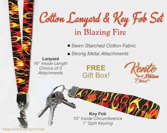Set of Blazing Fire Lanyard & Matching Wrist Key Fob - Strong metal attachments - Starched printed cotton fabric - FREE SHIPPING
