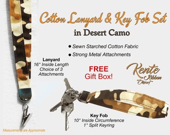 Set of Desert Camo Lanyard & Matching Wrist Key Fob - Strong metal attachments - Starched printed cotton fabric - FREE SHIPPING