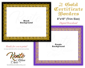 DIY - 2 Printable Gold Border Certificate Border Templates in Black and Purple - Trim Size 8x10 (Page 8.5x11) - Zip File Download in JPG PNG