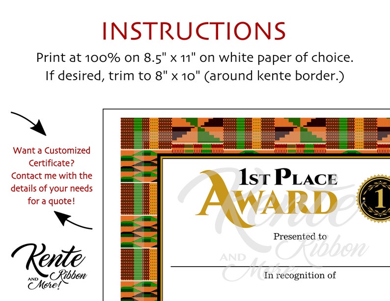 Download Kente Border 1st 2nd 3rd Place Award Certificate Templates Print 8.5x11 Trim to 8x10 if desired PDF JPG PNG image 3