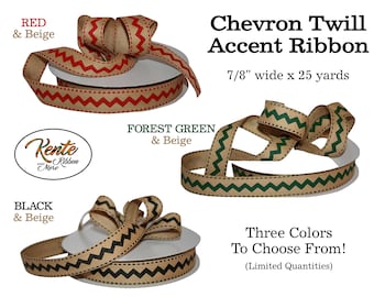 Chevron Twill Tape Accent Ribbon - Choose from Red, Forest Green or Black - 7/8" x 25 yards - NON-wired - FREE SHIPPING Lower 48 only