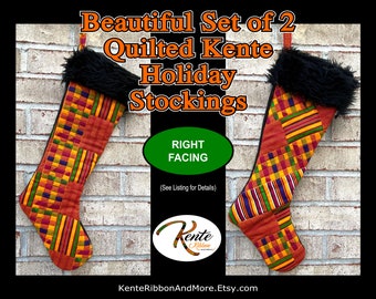 Set of 2 RIGHT Facing Beautiful Quilted Kente Christmas Stocking with Soft Black Fur Top - Large 18" long - FREE SHIPPING to Lower 48 States