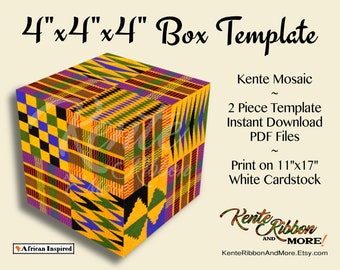 DIY - Kente Mosaic 4"x4"x4" Square Box Template PDF - Instant Digital Download Print on 11"x17 White Card Stock - Nothing to be mailed