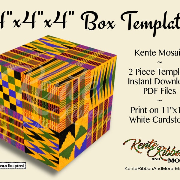 DIY - Kente Mosaic 4"x4"x4" Square Box Template PDF - Instant Digital Download Print on 11"x17 White Card Stock - Nothing to be mailed