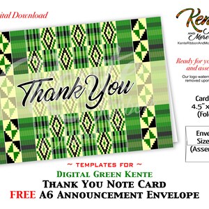 DIY - afdrukbare gedigitaliseerde groene Kente-bedankkaart - snijgrootte 4,5 x 6,25 inch - gratis envelop in A6-stijl voor aankondigingen - JPG- en PNG-download