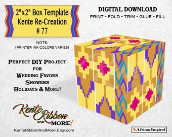 DIY - 2"x2" Favor Box Template in Digitized Kente Re-creation 77 - Gold Yellow Magenta Purple  - Print on 8.5"x11" - Immediate Download